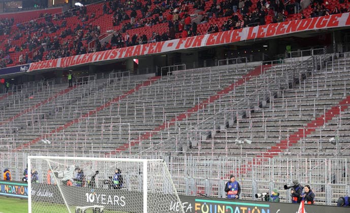 Football, Men, Champions League, Season 2025 2026, FC Bayern München Royale Union Saint Gilloise, Matchday 7, Allianz Arena Here the empty south curve without fans