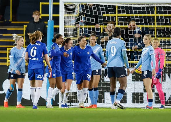 Manchester, England, 21st January 2026. Wieke Kaptein of Chelsea celebrates scoring their sides first goal during the Manchester City Women vs Chelsea Women Subway Women s League Cup match at the Academy Stadium, Manchester. Picture credit should read: Cody Froggatt Sportimage EDITORIAL USE ONLY. No use with unauthorised audio, video, data, fixture lists, club league logos or live services. Online in-match use limited to 120 images, no video emulation. No use in betting, games or single club league player publications. SPI_016_CF_MANCHESTER_CITY_WOMEN_V_CHELSEA_WOMEN SPI-4471-0016