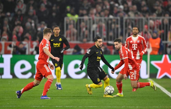 Anouar Ait El Hadj R Union Saint Gilloise USG 10 tackle, action against Raphael Guerreiro FC Bayern Muenchen FCB 22 Joshua Kimmich FC Bayern Muenchen FCB 06 FC Bayern Muenchen FCB vs R Union Saint Gilloise Matchday 7 21 01 2026 DFL REGULATIONS PROHIBIT ANY USE OF PHOTOGRAPHS AS IMAGE SEQUENCES AND OR QUASI VIDEO FC Bayern Muenchen FCB vs R Union Saint Gilloise