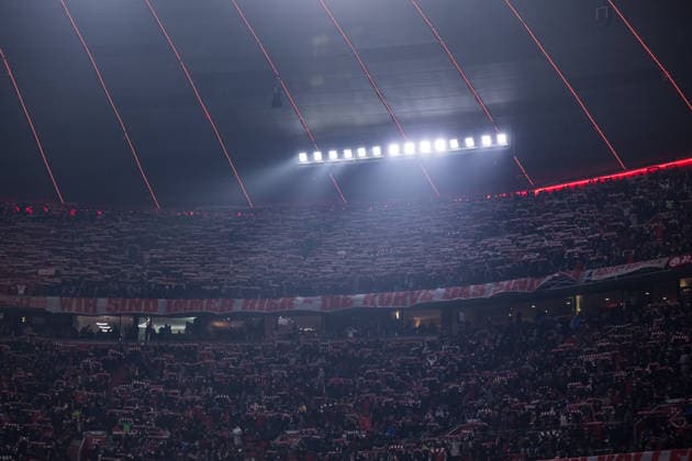 MUNICH, GERMANY - JANUARY 21: Active fan scene of FC Bayern Muenchen sitting upstairs due to the Suedkurve being closed - banner öWir sind immer hier - die Kurve das sind wir˜ during the UEFA Champions League match between FC Bayern Munich vs. Royale Union Saint-Gilloise at Allianz Arena on matchday 7 of the UEFA Champions League Season 2025 26 on January 21, 2025 in Munich, Germany. Bavaria Germany Copyright: xSteffiexWunderlx