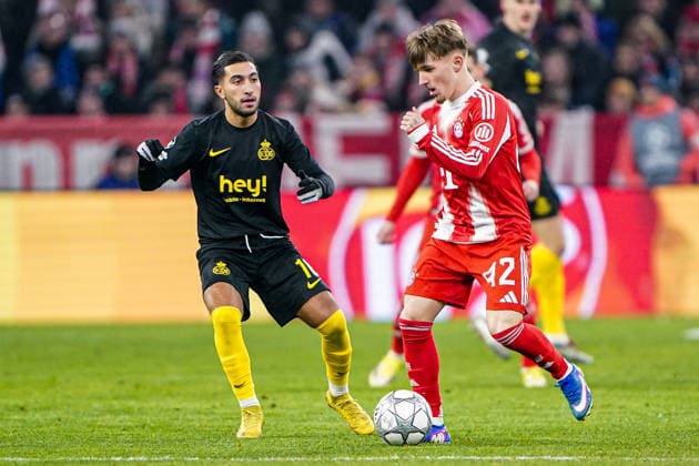 2026-01-21 FC Bayern München v R. Union Saint-Gilloise - UEFA Champions League 2025 26 League Phase MD7 MUNICH, GERMANY - JANUARY 21: Anouar Ait El Hadj of R. Union Saint-Gilloise, Lennart Karl of FC Bayern M++nchen battle for the ball during the UEFA Champions League 2025 26 League Phase MD7 match between FC Bayern M++nchen and R. Union Saint-Gilloise at Football Arena Munich on January 21, 2026 in Munich, Germany. Munich Football Arena Munich Germany Content not available for redistribution in The Netherlands directly or indirectly through any third parties. Copyright: xAndrexWeeningx