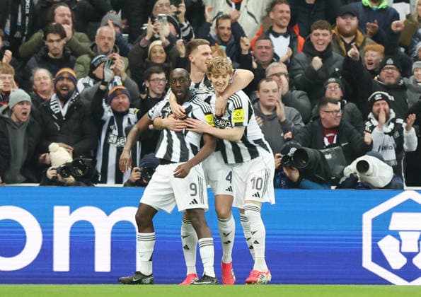 Newcastle Upon Tyne, England, 21st January 2026. Joanne Wissa of Newcastle United celebrates scoring the first goal during the Newcastle United vs PSV Eindhoven UEFA Champions League match at St. James Park, Newcastle Upon Tyne. Picture credit should read: Nigel Roddis Sportimage EDITORIAL USE ONLY. No use with unauthorised audio, video, data, fixture lists, club league logos or live services. Online in-match use limited to 120 images, no video emulation. No use in betting, games or single club league player publications. SPI_019_NR_NEWC_PSV SPI-4467-0019