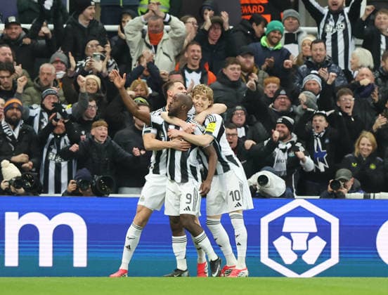 Newcastle Upon Tyne, England, 21st January 2026. Joanne Wissa of Newcastle United celebrates scoring the first goal during the Newcastle United vs PSV Eindhoven UEFA Champions League match at St. James Park, Newcastle Upon Tyne. Picture credit should read: Nigel Roddis Sportimage EDITORIAL USE ONLY. No use with unauthorised audio, video, data, fixture lists, club league logos or live services. Online in-match use limited to 120 images, no video emulation. No use in betting, games or single club league player publications. SPI_020_NR_NEWC_PSV SPI-4467-0020