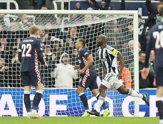 Newcastle Upon Tyne, England, 21st January 2026. Joanne Wissa of Newcastle United celebrates scoring the first goal during the Newcastle United vs PSV Eindhoven UEFA Champions League match at St. James Park, Newcastle Upon Tyne. Picture credit should read: Nigel Roddis Sportimage EDITORIAL USE ONLY. No use with unauthorised audio, video, data, fixture lists, club league logos or live services. Online in-match use limited to 120 images, no video emulation. No use in betting, games or single club league player publications. SPI_024_NR_NEWC_PSV SPI-4467-0023
