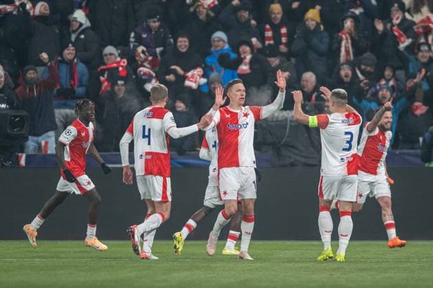 Slavia Praha players a goal celebrate during UEFA Champions league match, SK Slavia Praha - FC Barcelona, Barca , 21 january 2026, Fortuna Arena, Praha, Czech republic Copyright: xMICHALxFAJT,ZOSPORTU.SKx MAR_9708