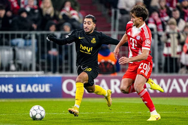 2026-01-21 FC Bayern München v R. Union Saint-Gilloise - UEFA Champions League 2025 26 League Phase MD7 MUNICH, GERMANY - JANUARY 21: Anouar Ait El Hadj of R. Union Saint-Gilloise, Tom Bischof of FC Bayern M++nchen battle for the ball during the UEFA Champions League 2025 26 League Phase MD7 match between FC Bayern M++nchen and R. Union Saint-Gilloise at Football Arena Munich on January 21, 2026 in Munich, Germany. Munich Football Arena Munich Germany Content not available for redistribution in The Netherlands directly or indirectly through any third parties. Copyright: xAndrexWeeningx