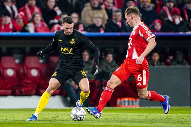 2026-01-21 FC Bayern München v R. Union Saint-Gilloise - UEFA Champions League 2025 26 League Phase MD7 MUNICH, GERMANY - JANUARY 21: Raul Florucz of R. Union Saint-Gilloise, Joshua Kimmich of FC Bayern M++nchen battle for the ball during the UEFA Champions League 2025 26 League Phase MD7 match between FC Bayern M++nchen and R. Union Saint-Gilloise at Football Arena Munich on January 21, 2026 in Munich, Germany. Munich Football Arena Munich Germany Content not available for redistribution in The Netherlands directly or indirectly through any third parties. Copyright: xAndrexWeeningx