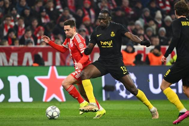 Bayern Munchen v Royale Union Saint-Gilloise - UEFA Champions League MUNICH, GERMANY - JANUARY 21 : Guerreiro Raphael defender of Bayern Munchen and David Promise Oluwatobi forward of Union Saint-Gilloise during the UEFA Champions League 2025 26 League Phase MD7 match between FC Bayern Munchen and Royale Union Saint-Gilloise on January 21, 2026 in Munich, Germany, 21 01 2026 Munich Germany  Copyright: xVincentxKalutx