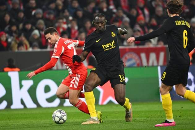 Bayern Munchen v Royale Union Saint-Gilloise - UEFA Champions League MUNICH, GERMANY - JANUARY 21 : Guerreiro Raphael defender of Bayern Munchen and David Promise Oluwatobi forward of Union Saint-Gilloise during the UEFA Champions League 2025 26 League Phase MD7 match between FC Bayern Munchen and Royale Union Saint-Gilloise on January 21, 2026 in Munich, Germany, 21 01 2026 Munich Germany  Copyright: xVincentxKalutx