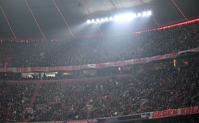 FOOTBALL CHAMPIONS LEAGUE SEASON 2025 2026 Preliminary Round 7 Matchday 21 01 2025 FC Bayern Muenchen Union Saint Gilloise FC Bayern Muenchen in the upper tier with a banner, WE ARE ALWAYS HERE THE CURVE THATS US The lower tier of the Suedkurve of the Allianz Arena remains empty due to a block ban by UEFA against the Ultras of FC Bayern after repeated use of pyros