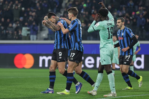 Atalanta™s Gianluca Scamacca celebrates with teammates after scoring goal during the Uefa Champions League 25 26 soccer match between Atalanta B.C.and Athletic Club Bilbao at the New Balance Arena in Bergamo, Italy - Wednesday, January 21, 2026. - Soccer .  Copyright: xStefanoxNicoli LaPressex