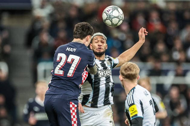 UEFA Champions League Matchday 7 of 8 Newcastle United v PSV Eindhoven Joelinton of Newcastle Untied jumps up to win the high ball from Dennis Man of PSV Eindhoven during the UEFA Champions League Matchday 7 of 8 Newcastle United v PSV Eindhovenn at St. James s Park, Newcastle, United Kingdom, 21st January 2026 (Photo by Mark Cosgrove News Images) Newcastle St. James s Park Tyne and Wear United Kingdom Copyright: xMarkxCosgrove NewsxImagesx