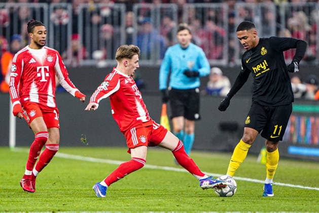2026-01-21 FC Bayern München v R. Union Saint-Gilloise - UEFA Champions League 2025 26 League Phase MD7 MUNICH, GERMANY - JANUARY 21: Joshua Kimmich of FC Bayern M++nchen, Guilherme Smith of R. Union Saint-Gilloise battle for the ball during the UEFA Champions League 2025 26 League Phase MD7 match between FC Bayern M++nchen and R. Union Saint-Gilloise at Football Arena Munich on January 21, 2026 in Munich, Germany. Munich Football Arena Munich Germany Content not available for redistribution in The Netherlands directly or indirectly through any third parties. Copyright: xAndrexWeeningx