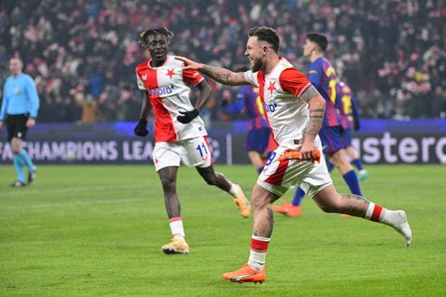 Youssoupha Sanyang, left, and Vasil Kusej of Slavia celebrate a goal during the Champions League 7th round match Slavia Praha vs FC Barcelona, Barca in Pilsen, Czech Republic, January 21, 2026. (CTKxPhoto VitxSimanek) CTKPhotoP2026012110115  CTKPhotoP2026012110115