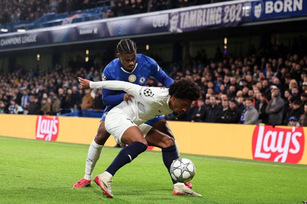21st January 2026; Stamford Bridge, Chelsea, London, England: UEFA Champions League Football, Chelsea versus Pafos; Bruno of Pafos shields the ball from Jorrel Hato of Chelsea  HenningxvonxJagow Content restricted for UK based newspaper