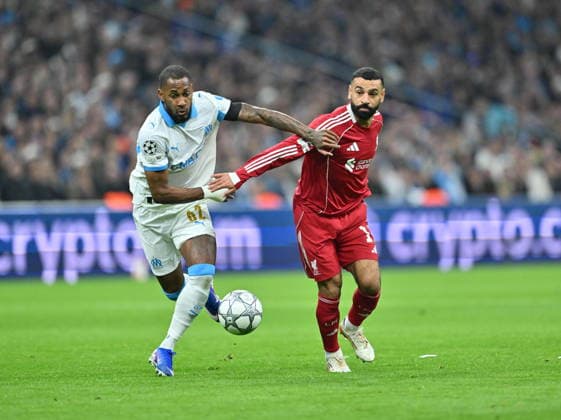 Marseille vs Liverpool - UEFA Champions League MARSEILLE, FRANCE - JANUARY 21: Mohamed Salah (R) of Liverpool and Amir Murillo of Olympique Marseille are seen during the UEFA Champions League week 7 football match between Olympique Marseille and Liverpool at Stade Velodrome in Marseille, France, on January 21, 2026. Mustafa Yalcin Anadolu Marseille France. Editorial use only. Please get in touch for any other usage.  Copyright: x2026xAnadoluxMustafaxYalcinx