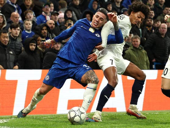 London, England, 21st January 2026. Enzo Fernandez of Chelsea (L) is challenged by Bruno of Pafos FC during the Chelsea vs Pafos FC UEFA Champions League match at Stamford Bridge, London. Picture credit should read: David Klein Sportimage EDITORIAL USE ONLY. No use with unauthorised audio, video, data, fixture lists, club league logos or live services. Online in-match use limited to 120 images, no video emulation. No use in betting, games or single club league player publications. SPI_031_DK_CHELSEA_PAFOS SPI-4466-0031