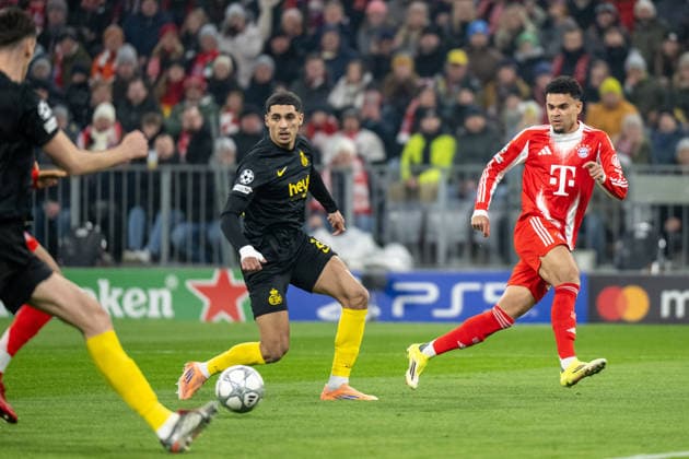 Anan Khalaili 25 Royale Union Saint Gilloise , Luis Diaz 14 FC Bayern Muenchen , FC Bayern Muenchen vs Royale Union Saint Gilloise, Football, UEFA Champions League, 7 Matchday, 21 01 2026 DFB regulations prohibit any use of photographs as image sequences and or quasi video Muenchen Bayern Germany Copyright: xkolbert-press UlrichxGamelx