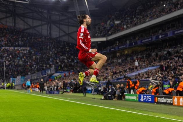 Football - UEFA Champions League - League Phase - Olympique de Marseille v Liverpool FC MARSEILLE, FRANCE - Wednesday, January 21, 2026: Liverpool s Dominik Szoboszlai celebrates after scoring the first goal during the UEFA Champions League match between Olympique de Marseille and Liverpool FC at the Stade VÃ lodrome. (Photo by David Rawcliffe Propaganda) MARSEILLE Stade VÃ lodrome BOUCHES-DU-RHÃ NE FRANCE  Copyright: xDavidxRawcliffex P2026-01-21-Marseille_Liverpool-85