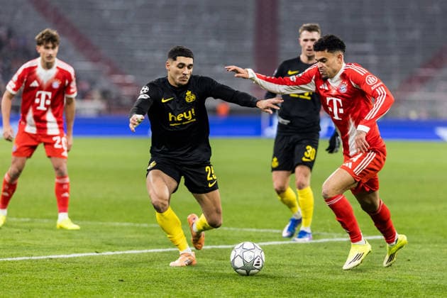 MUNICH, GERMANY - JANUARY 21: Anan Khalaili (Royale Union Saint-Gilloise, 25) and Luis Diaz (FC Bayern Muenchen, 14) battle for the ball during the UEFA Champions League match between FC Bayern Munich vs. Royale Union Saint-Gilloise at Allianz Arena on matchday 7 of the UEFA Champions League Season 2025 26 on January 21, 2025 in Munich, Germany. Bavaria Germany Copyright: xSteffiexWunderlx