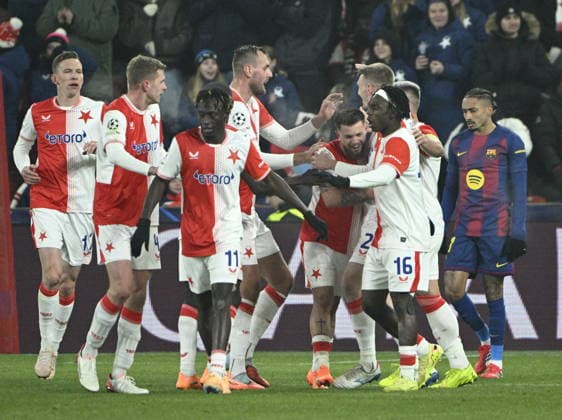 Slavia players celebrate a goal during the Champions League 7th round match Slavia Praha vs FC Barcelona, Barca in Pilsen, Czech Republic, January 21, 2026. (CTKxPhoto MichalxKrumphanzl) CTKPhotoP2026012110696  CTKPhotoP2026012110696