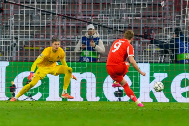 GER, UEFA CL, FC Bayern Muenchen GER vs Royale Union Saint Gilloise BEL 21 01 2026, Allianz Arena, Muenchen, GER, UEFA CL, FC Bayern Muenchen GER vs Royale Union Saint Gilloise BEL , UEFA regulations prohibit any use of photographs as image sequences and or quasi video, in the picture Harry Kane FCB 9 converts the penalty to 2 0 against Kjell Scherpen Royale Union Saint Gilloise 37 nordphotoxGmbHx xStraubmeier nph00004