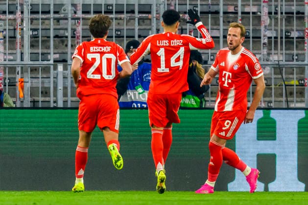 GER, UEFA CL, FC Bayern Muenchen GER vs Royale Union Saint Gilloise BEL 21 01 2026, Allianz Arena, Muenchen, GER, UEFA CL, FC Bayern Muenchen GER vs Royale Union Saint Gilloise BEL , UEFA regulations prohibit any use of photographs as image sequences and or quasi video, in the picture cheering after the goal to 2 0 by Harry Kane FCB 9 with Tom Bischof FCB 20 Luis Daz FCB 14 nordphotoxGmbHx xStraubmeier nph00004