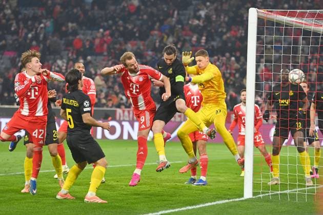 Goal Harry KANE Bayern Muenchen after goal to 1 0, action,header against Christian BURGESS Saint Gilloise and goalkeeper Kjell SCHERPEN Saint Gilloise penalty area scene football Champions League,season 2025 26, league phase FC Bayern Muenchen Royale Union Saint Gilloise on 21 01 2026