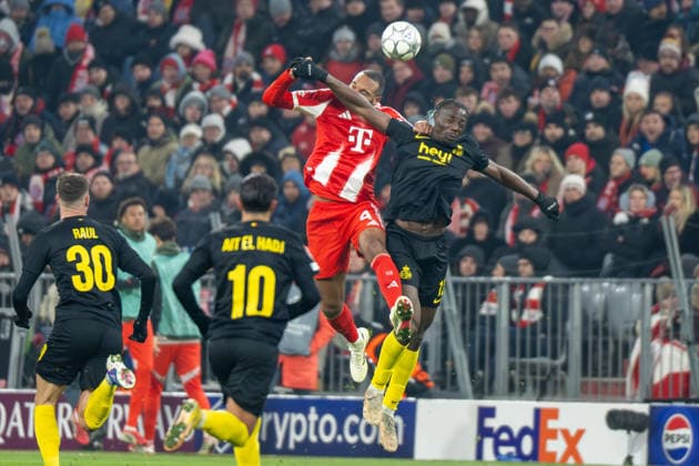 Mathias Rasmussen 4 Royale Union Saint Gilloise header in duel with Promise David 12 Royale Union Saint Gilloise , FC Bayern Muenchen vs Royale Union Saint Gilloise, Football, UEFA Champions League, Matchday 7, 21 01 2026 DFB regulations prohibit any use of photographs as image sequences and or quasi video Muenchen Bayern Germany Copyright: xkolbert-press UlrichxGamelx