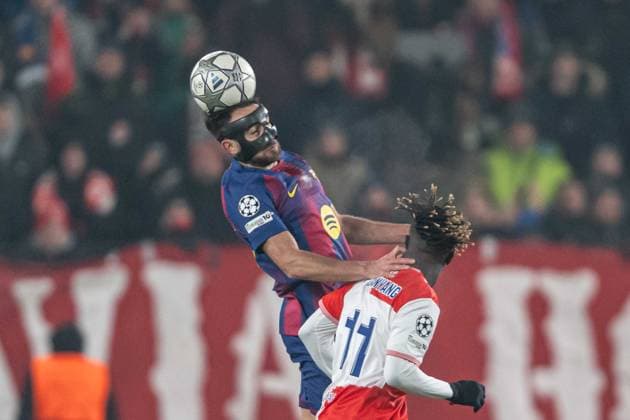 Eric Garcia header during UEFA Champions league match, SK Slavia Praha - FC Barcelona, Barca , 21 january 2026, Fortuna Arena, Praha, Czech republic Copyright: xMICHALxFAJT,ZOSPORTU.SKx MAR_0005