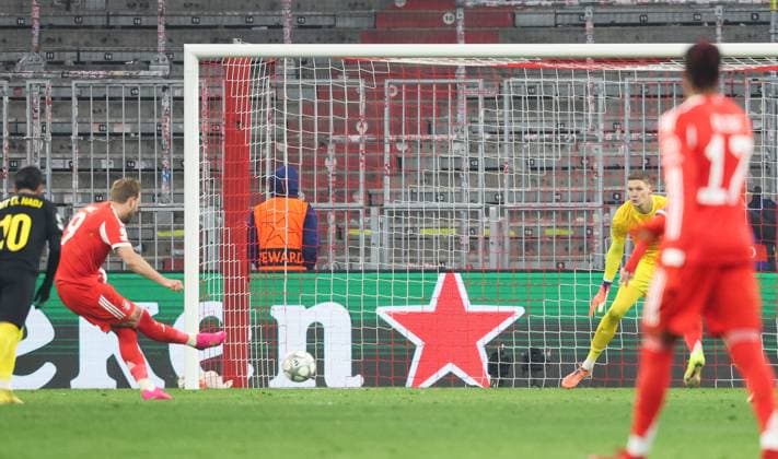 Bayern s Harry Kane scores from penalty during a soccer game between German FC Bayern Munich and Belgian Royale Union Saint-Gilloise, on Wednesday 21 January 2026 in Munich, on the seventh day of the League phase of the UEFA Champions League tournament. VIRGINIExLEFOUR  x157570409x