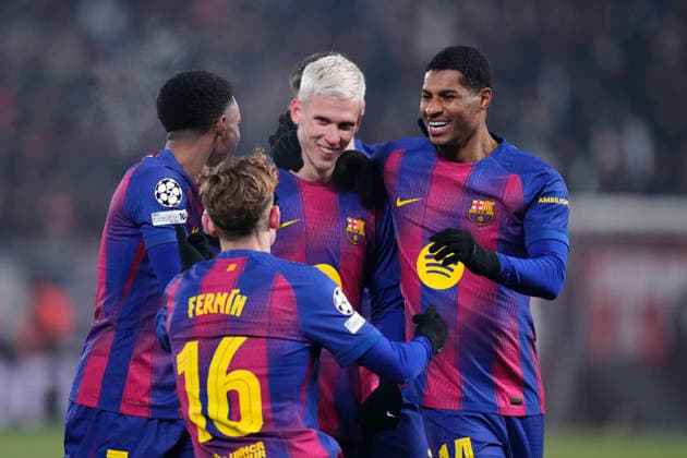 SK Slavia Praha v FC Barcelona, Barca - UEFA Champions League 2025 26 League Phase MD7 Dani Olmo attacking midfield of Barcelona and Spain celebrates after scoring his sides first goal during the UEFA Champions League 2025 26 League Phase MD7 match between SK Slavia Praha and FC Barcelona at Eden Arena on January 21, 2026 in Prague, Czech Republic. Prague Czech Republic  Copyright: xJosexBretonx originalFilename:bretonhernandez-skslavia260121_npdGj.jpg