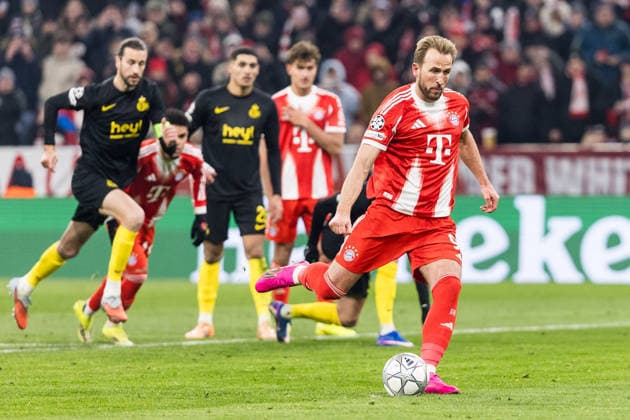 MUNICH, GERMANY - JANUARY 21: Harry Kane (FC Bayern Muenchen, 9) shoots the penalty 2:0 goal during the UEFA Champions League match between FC Bayern Munich vs. Royale Union Saint-Gilloise at Allianz Arena on matchday 7 of the UEFA Champions League Season 2025 26 on January 21, 2025 in Munich, Germany. Bavaria Germany Copyright: xSteffiexWunderlx