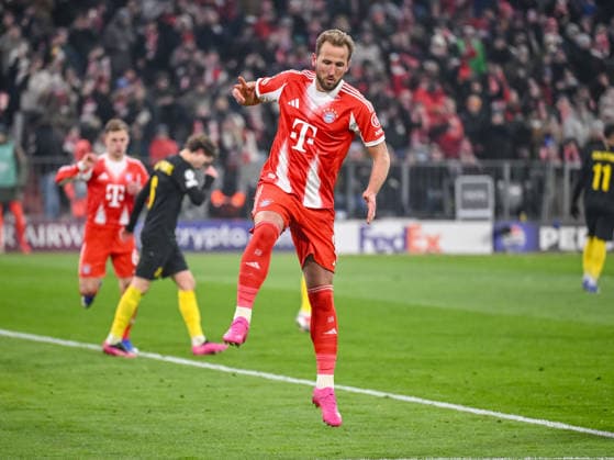 Harry Kane FC Bayern Munich celebrates after scoring his team s second goal during the UEFA Champions League 2025 26 League Phase MD7 match between FC Bayern Munich and R Union Saint Gilloise at Football Arena Munich on January 21, 2026 in Munich, Germany Photo by Harry Langer DeFodi Images