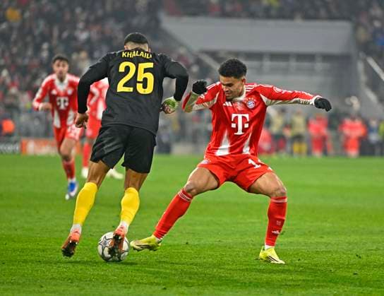 21 01 2026, Football UEFA Championsleague 2025 2026 Preliminary Round 7 Matchday, FC Bayern Munich Union Saint Gilloise, at Allianz Arena Munich v l Anan Khalaili Union Saint Gilloise v Luis Diaz FC Bayern Munich DFL and DFB regulations prohibit any use of photographs as image sequences and or quasi video
