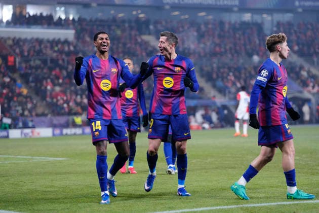 SK Slavia Praha v FC Barcelona, Barca - UEFA Champions League 2025 26 League Phase MD7 Robert Lewandowski centre-forward of Barcelona and Poland celebrates after scoring his sides first goal during the UEFA Champions League 2025 26 League Phase MD7 match between SK Slavia Praha and FC Barcelona at Eden Arena on January 21, 2026 in Prague, Czech Republic. Prague Czech Republic  Copyright: xJosexBretonx originalFilename:bretonhernandez-skslavia260121_npYbB.jpg
