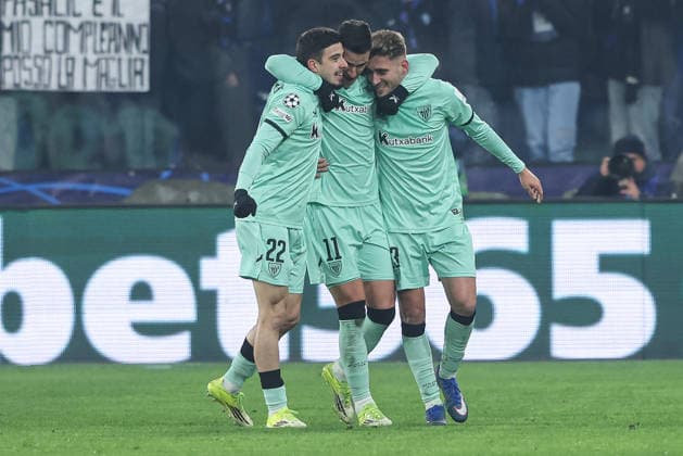 Athletic Bilbao™s Nico Serrano celebrates with teammates after scoring goal during the Uefa Champions League 25 26 soccer match between Atalanta B.C.and Athletic Club Bilbao at the New Balance Arena in Bergamo, Italy - Wednesday, January 21, 2026. - Soccer .  Copyright: xStefanoxNicoli LaPressex