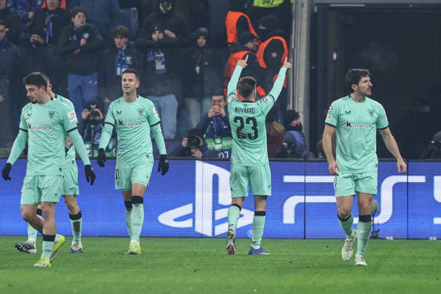 Athletic Bilbao™s Robert Navarro celebrates with teammates after scoring goal during the Uefa Champions League 25 26 soccer match between Atalanta B.C.and Athletic Club Bilbao at the New Balance Arena in Bergamo, Italy - Wednesday, January 21, 2026. - Soccer .  Copyright: xStefanoxNicoli LaPressex