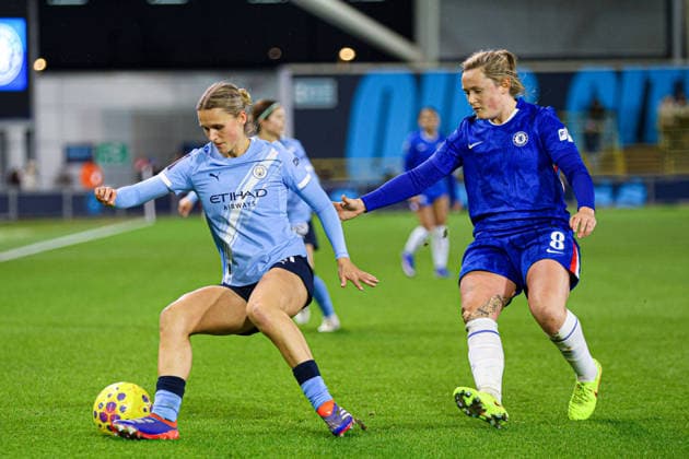 Kerstin Casparij (18 Manchester City) on the ball during the Subway Womens League Cup semi final match between Manchester City and Chelsea at the Joie Stadium in Manchester, England Copyright: xNataliexMincher SPPx Sportspressphoto_SPR83886