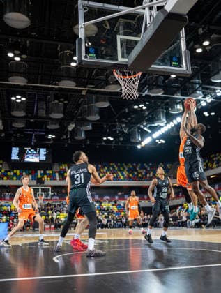 Chaundee Brown Jr of London Lions Men rises to block the Ratiopharm Ulm shot during the Eurocup match between London Lions and Ratiopharm ULM at the Copper Box Arena, London, United Kingdom on 21 January 2026. Copyright: xPhilxHutchinsonx 44440001