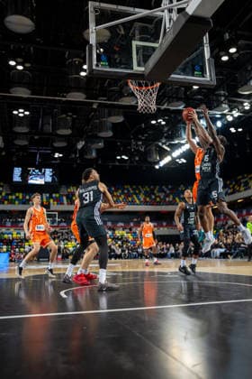 Chaundee Brown Jr of London Lions Men rises to block the Ratiopharm Ulm shot during the Eurocup match between London Lions and Ratiopharm ULM at the Copper Box Arena, London, United Kingdom on 21 January 2026. Copyright: xPhilxHutchinsonx 44440002