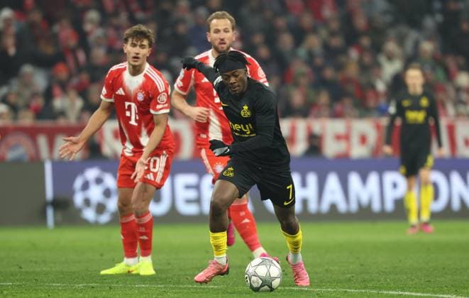 Union s Mohammed Fuseini fights for the ball during a soccer game between German FC Bayern Munich and Belgian Royale Union Saint-Gilloise, on Wednesday 21 January 2026 in Munich, on the seventh day of the League phase of the UEFA Champions League tournament. VIRGINIExLEFOUR  x157573658x