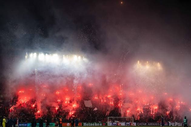 Slavia Praha fans pyroshow during UEFA Champions league match, SK Slavia Praha - FC Barcelona, Barca , 21 january 2026, Fortuna Arena, Praha, Czech republic Copyright: xMICHALxFAJT,ZOSPORTU.SKx FAJ_9990