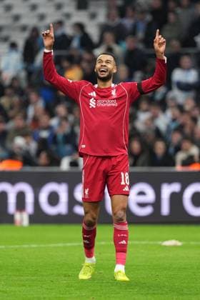 Cody Gakpo of Liverpool celebrates after he puts his side 3-0 ahead Marseille v Liverpool, UEFA Champions League, Group Stage, Football, Orange Velodrome, Marseille, France - 21 Jan 2026Marseille Orange Vélodrome France EDITORIAL USE ONLY No use with unauthorised audio, video, data, fixture lists, club league logos or live services. Online in-match use limited to 120 images, no video emulation. No use in betting, games or single club league player publications. Copyright: xDavexWinter Shutterstockx 16348361en