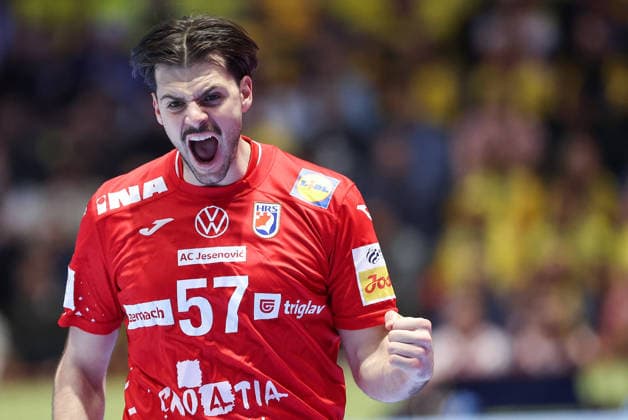 Sweden v Croatia - Men s EHF EURO 2026 MALMO, SWEDEN - JANUARY 21: Filip Glavas of Croatia celebrates after a goal during the Men s EHF Euro 2026 - Preliminary Round - Group E match between Sweden and Croatia at Malmo Arena on January 21, 2026 in Malmo, Sweden.  SanjinxStrukic PIXSELL