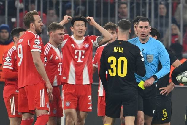 Minjae KIM 3, FC Bayern Muenchen after sending off,Yellow Red Card, re Referee Rade OBRENOVIC SVN Li Joshua KIMMICH Bayern Muenchen ,Harry KANE Bayern Muenchen Football Champions League,Season 2025 26, League stage FC Bayern Muenchen Royale Union Saint Gilloise 2 0 on 21 01 2026