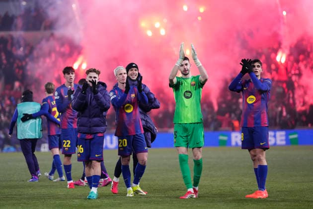 SK Slavia Praha v FC Barcelona, Barca - UEFA Champions League 2025 26 League Phase MD7 Barcelona players celebrate the victory after winning the UEFA Champions League 2025 26 League Phase MD7 match between SK Slavia Praha and FC Barcelona at Eden Arena on January 21, 2026 in Prague, Czech Republic. Prague Czech Republic  Copyright: xJosexBretonx originalFilename:bretonhernandez-skslavia260121_npmyL.jpg
