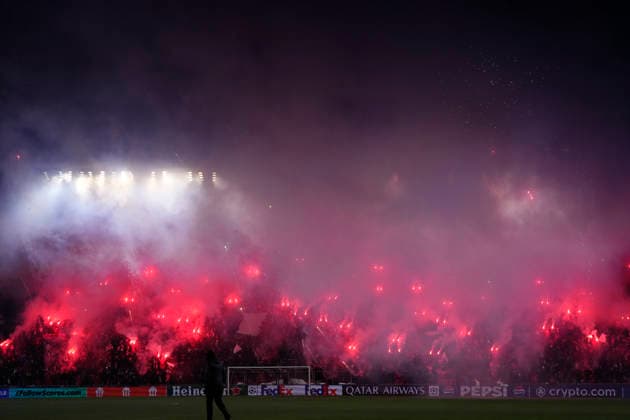 SK Slavia Praha v FC Barcelona, Barca - UEFA Champions League 2025 26 League Phase MD7 Slavia supporters with fireworks after the UEFA Champions League 2025 26 League Phase MD7 match between SK Slavia Praha and FC Barcelona at Eden Arena on January 21, 2026 in Prague, Czech Republic. Prague Czech Republic  Copyright: xJosexBretonx originalFilename:bretonhernandez-skslavia260121_npykD.jpg