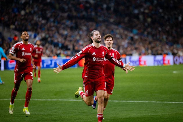 Dominik Szoboszlai of Liverpool FC celebrates after scoring his first team?s goal during the UEFA Champions League game between Olympique de Marseille and Liverpool FC at Stade Velodrome in Marseille, France. Copyright: xPaulinexFiguetx xSPPx Sportspressphoto_SPR84231
