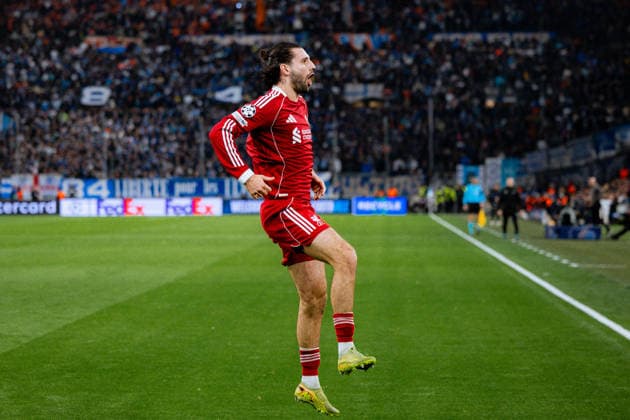 Dominik Szoboszlai of Liverpool FC celebrates after scoring his first team?s goal during the UEFA Champions League game between Olympique de Marseille and Liverpool FC at Stade Velodrome in Marseille, France. Copyright: xPaulinexFiguetx xSPPx Sportspressphoto_SPR84234